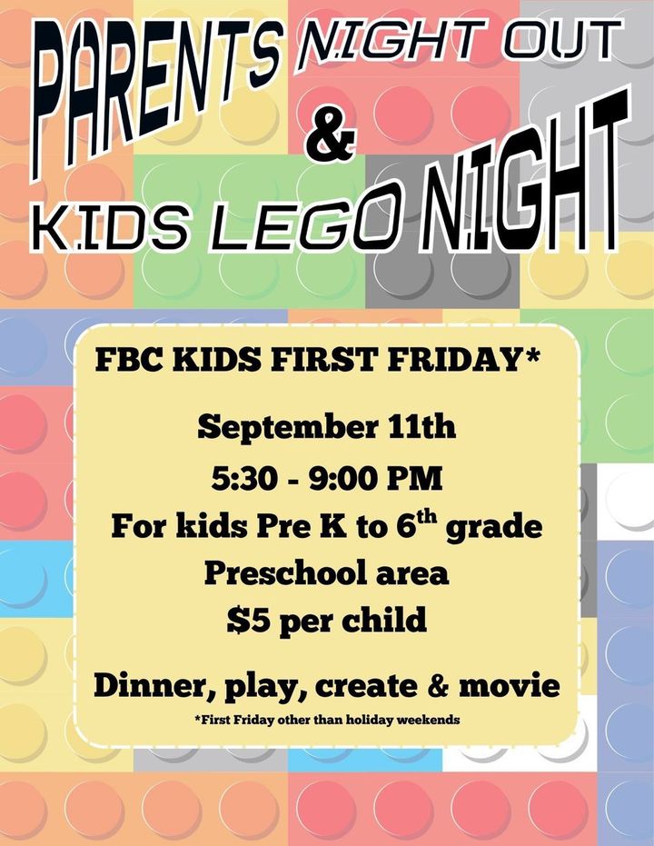 Parents Night Out & Kids LEGO Night flyer, Sept. 11th, 5:30–9:00 PM, FBC Kids First Friday, preschool area.