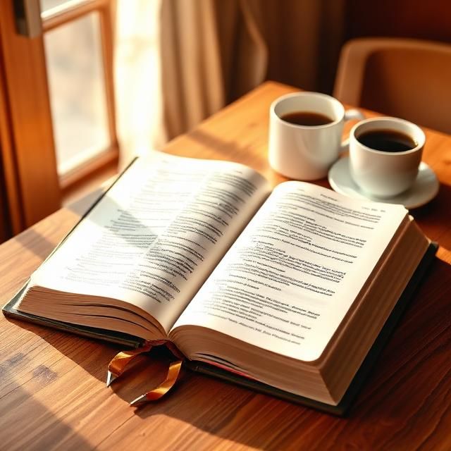 Open book on a sunlit table beside two white coffee cups