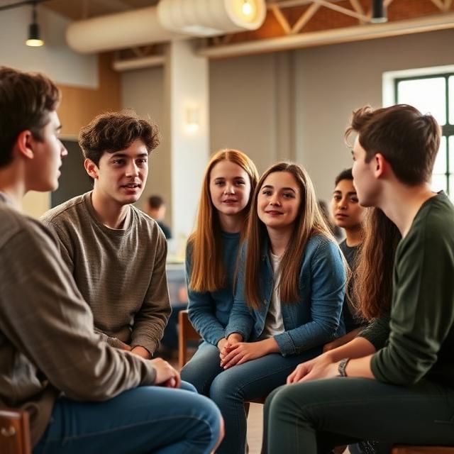 Group of students sitting in a circle, talking in a bright indoor lounge.