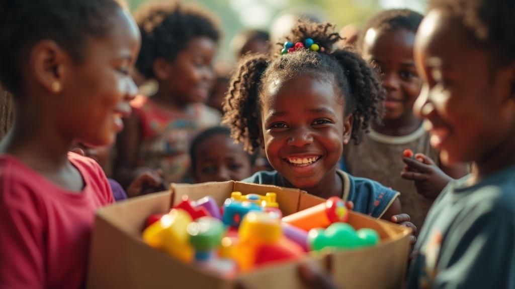 Children smiling around a box of colorful toys outdoors