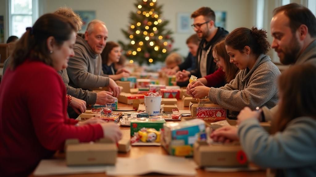People gathered around a table opening gifts, with a lit Christmas tree in the background.