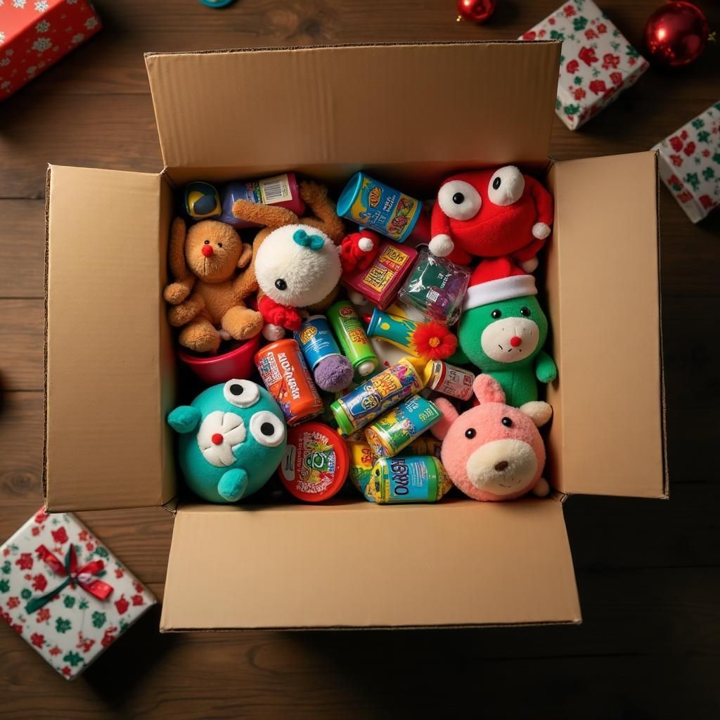 Open cardboard box filled with colorful plush toys and candy, surrounded by wrapped holiday gifts.