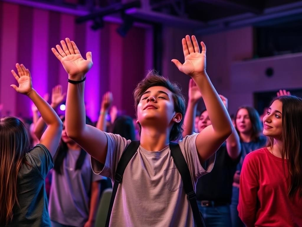 People in a purple-lit crowd with raised hands, smiling and cheering at an indoor event