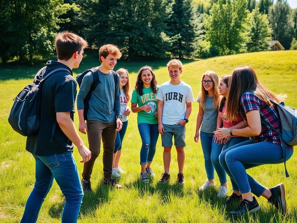 Group of six students chatting and standing in a sunny grassy field with trees in the background