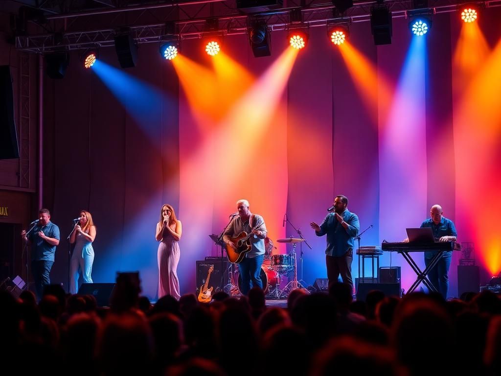 Live band performing on stage under colorful red, orange, and blue lights with audience silhouettes below.