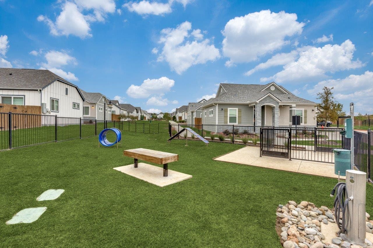There is a dog park in the middle of a residential area.