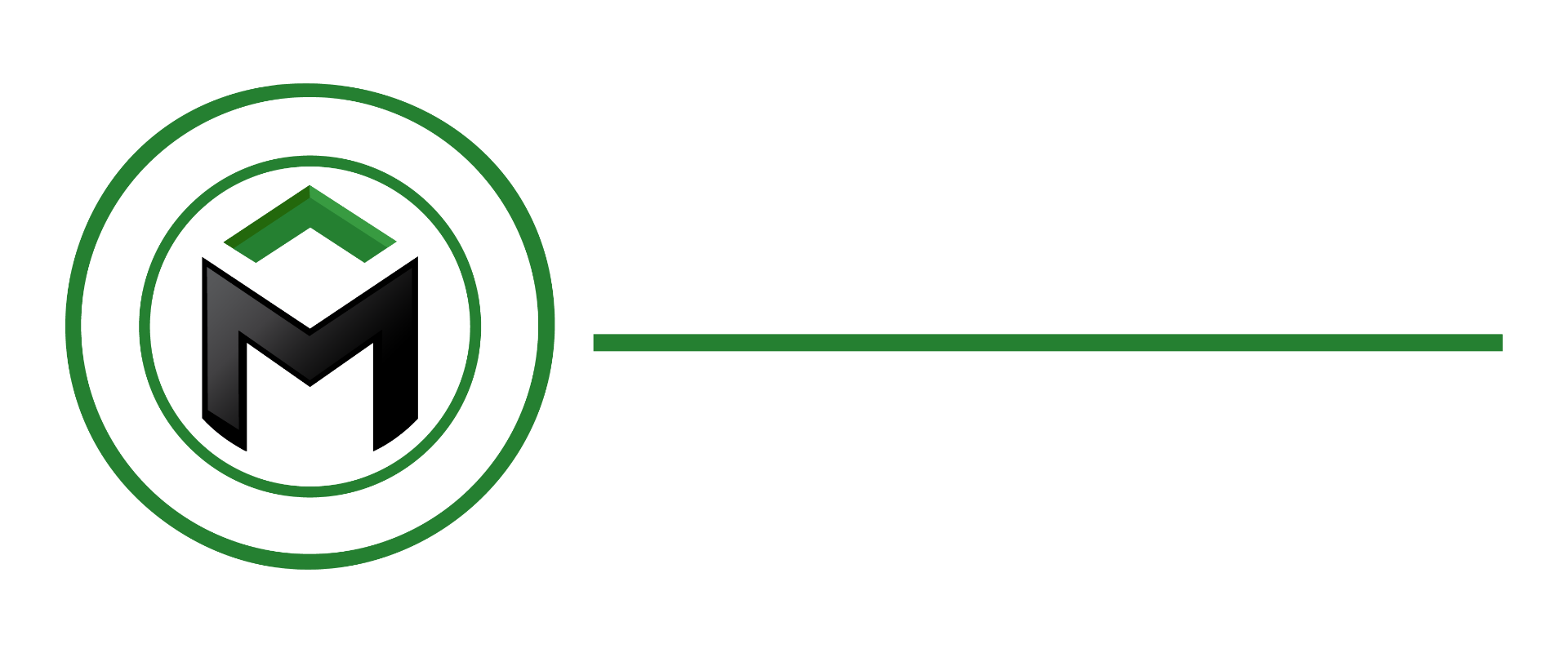 Green and black circular logo with an M, with a thin green line extending rightward on white background