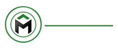 Green and black circular logo with an M, with a thin green line extending rightward on white background