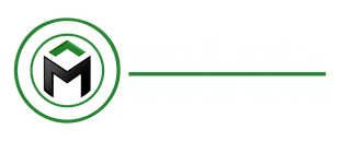 Green and black circular logo with an M, with a thin green line extending rightward on white background