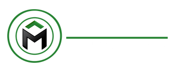 Green and black circular logo with an M, with a thin green line extending rightward on white background