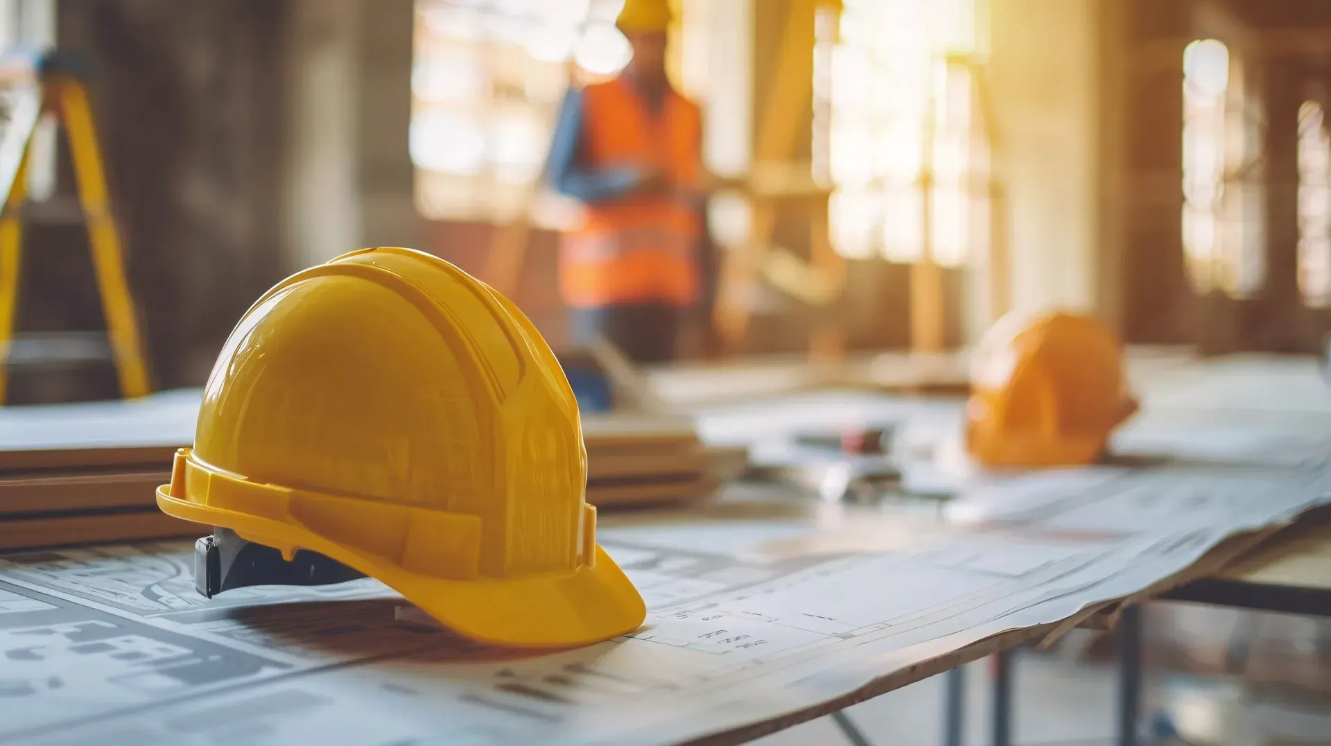 Yellow hard hat on construction plans at a building site with blurred workers in the background
