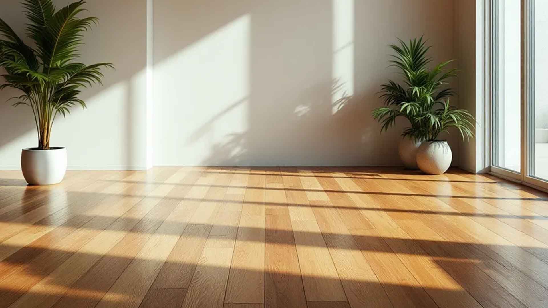 Sunlit empty room with wooden floor, two potted plants, and long window shadows