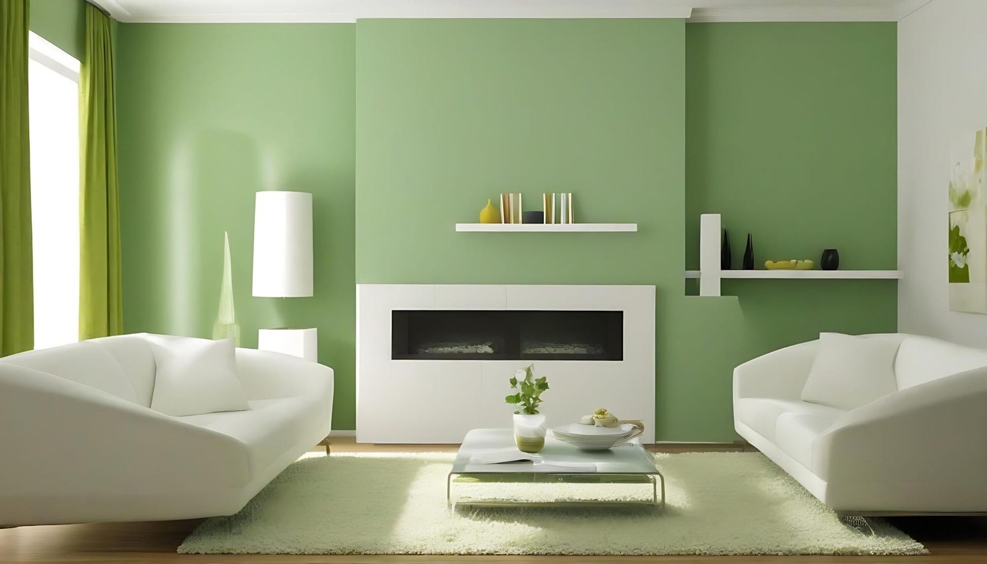Modern living room with green walls, white sofas, fireplace, and coffee table
