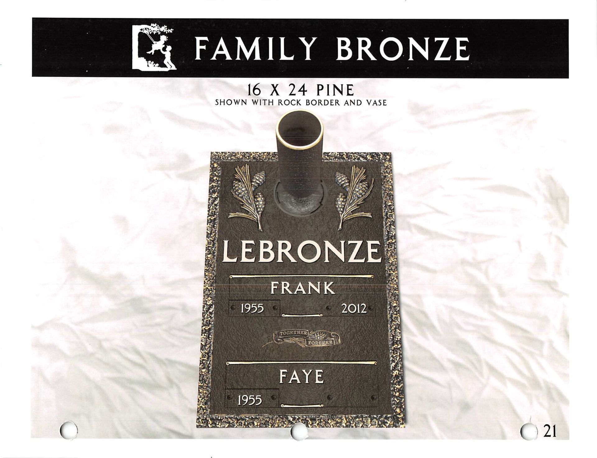 Bronze family memorial plaque with engraved names Frank and Faye beneath a black header