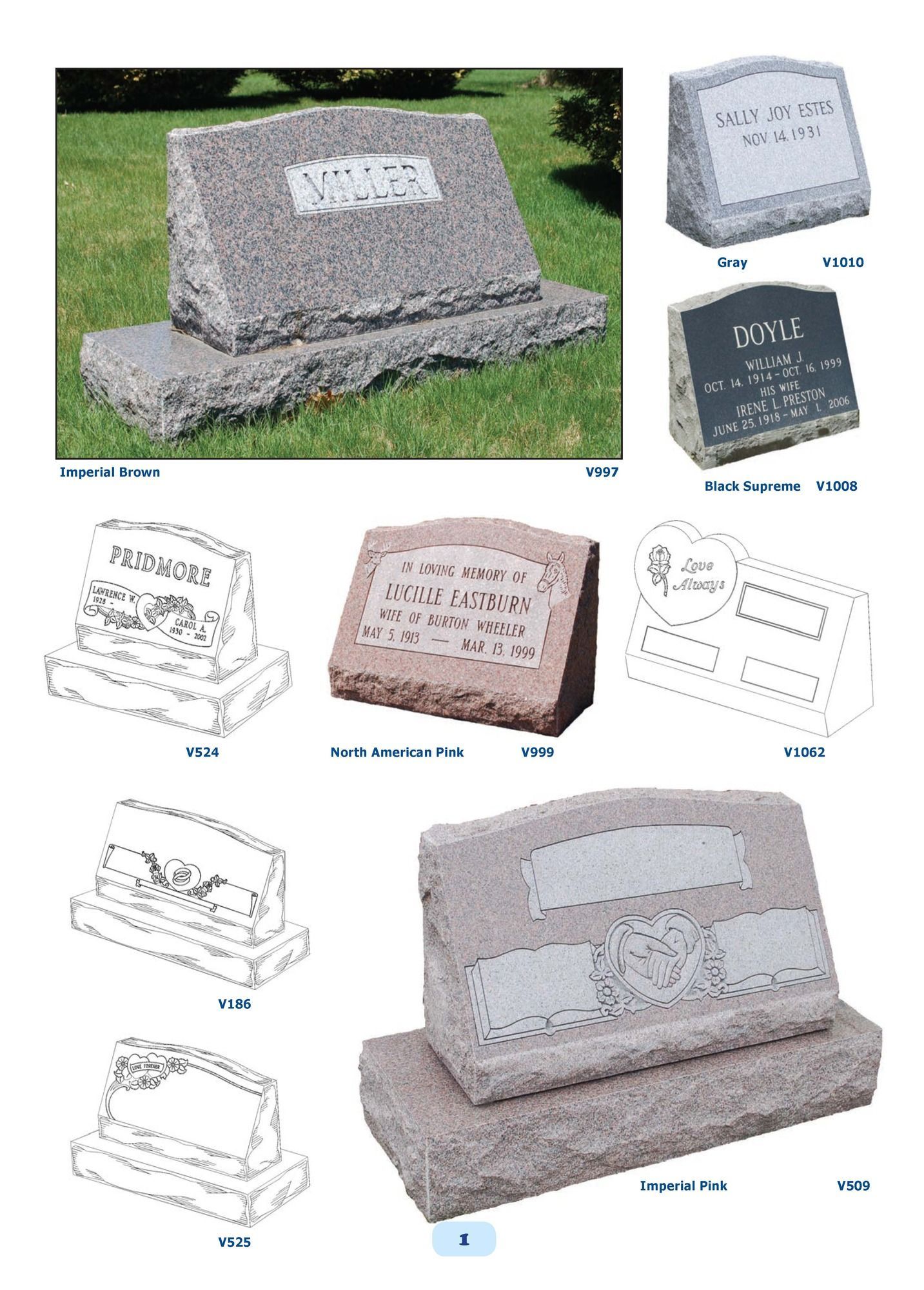 Examples of engraved cemetery headstones in different styles and colors