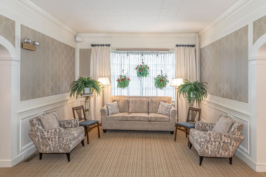Elegant living room with beige sofa, two armchairs, and hanging plants by bright windows