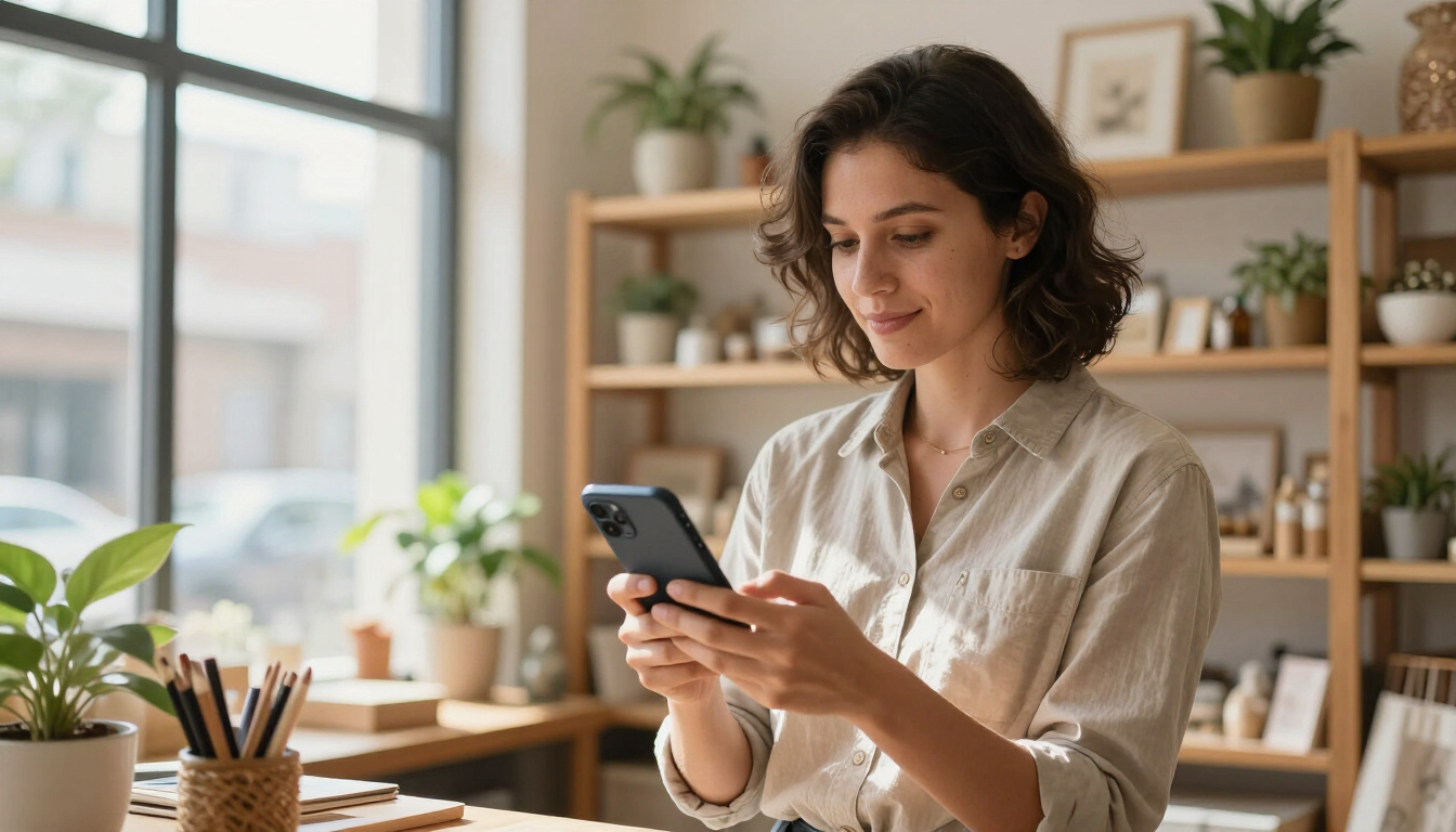 Small business owner creating social media content with a smartphone