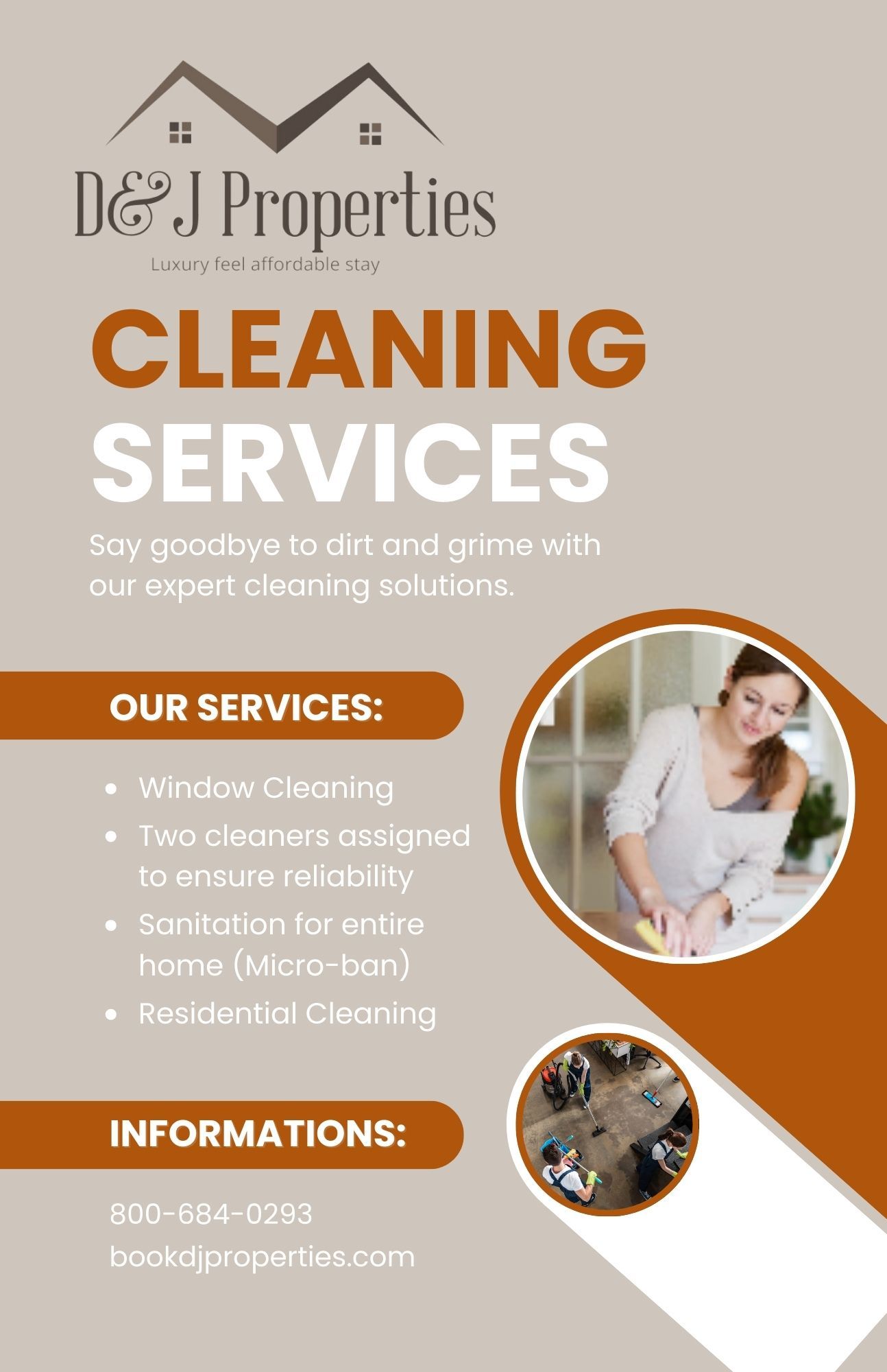 Cleaning services advertisement with a woman cleaning; brown and white color scheme.