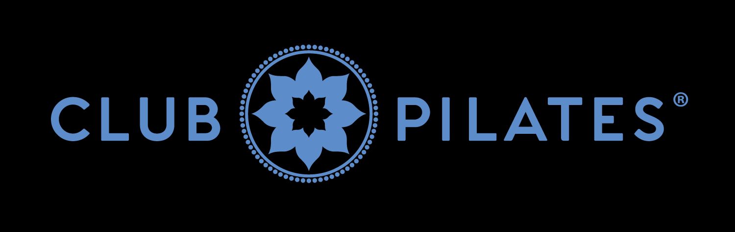 Club Pilates logo with a blue flower design. The text is also in blue on a black background.