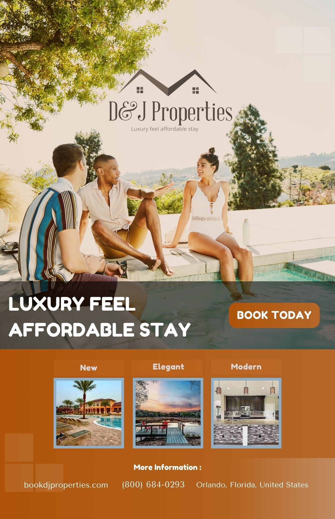 People by pool, luxury stay ad. Text: 