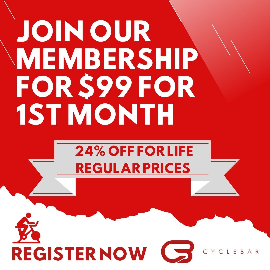 Join CycleBar membership for $99 for the first month with a 24% off for life on regular prices. Red background.