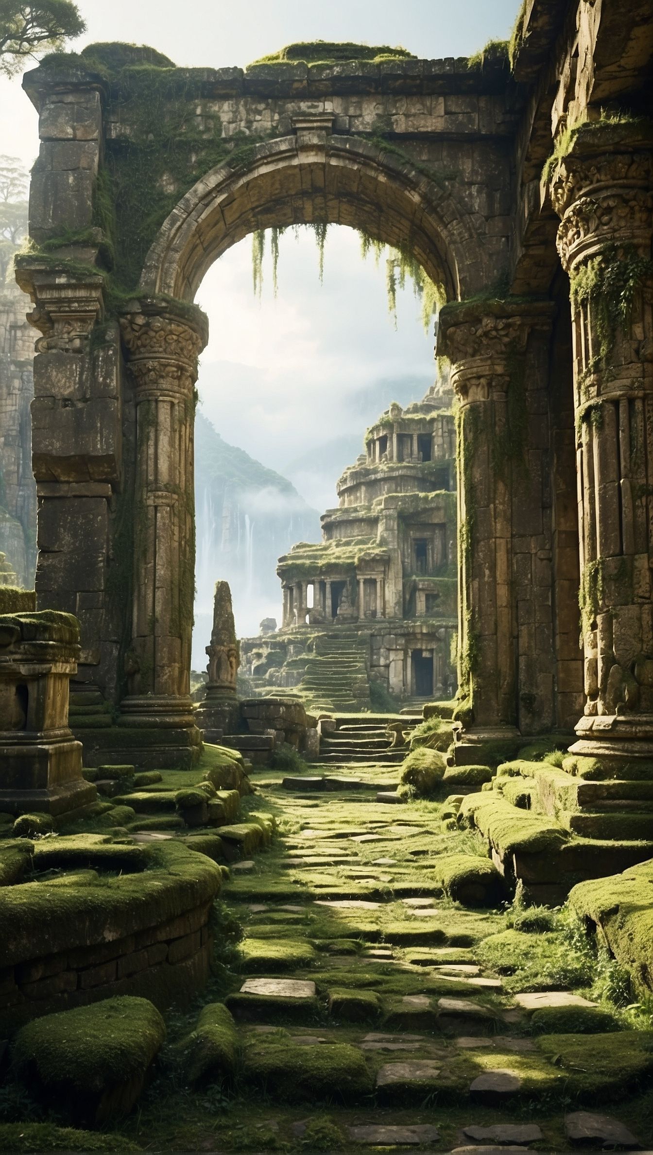Ancient stone ruins overgrown with moss, archway leading to tiered building, mountains in background.