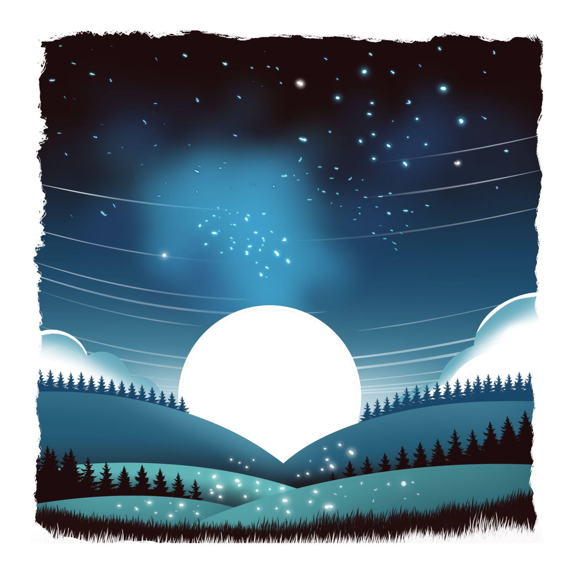 Night sky with moon, stars, and hills outlined with trees; blue and white.