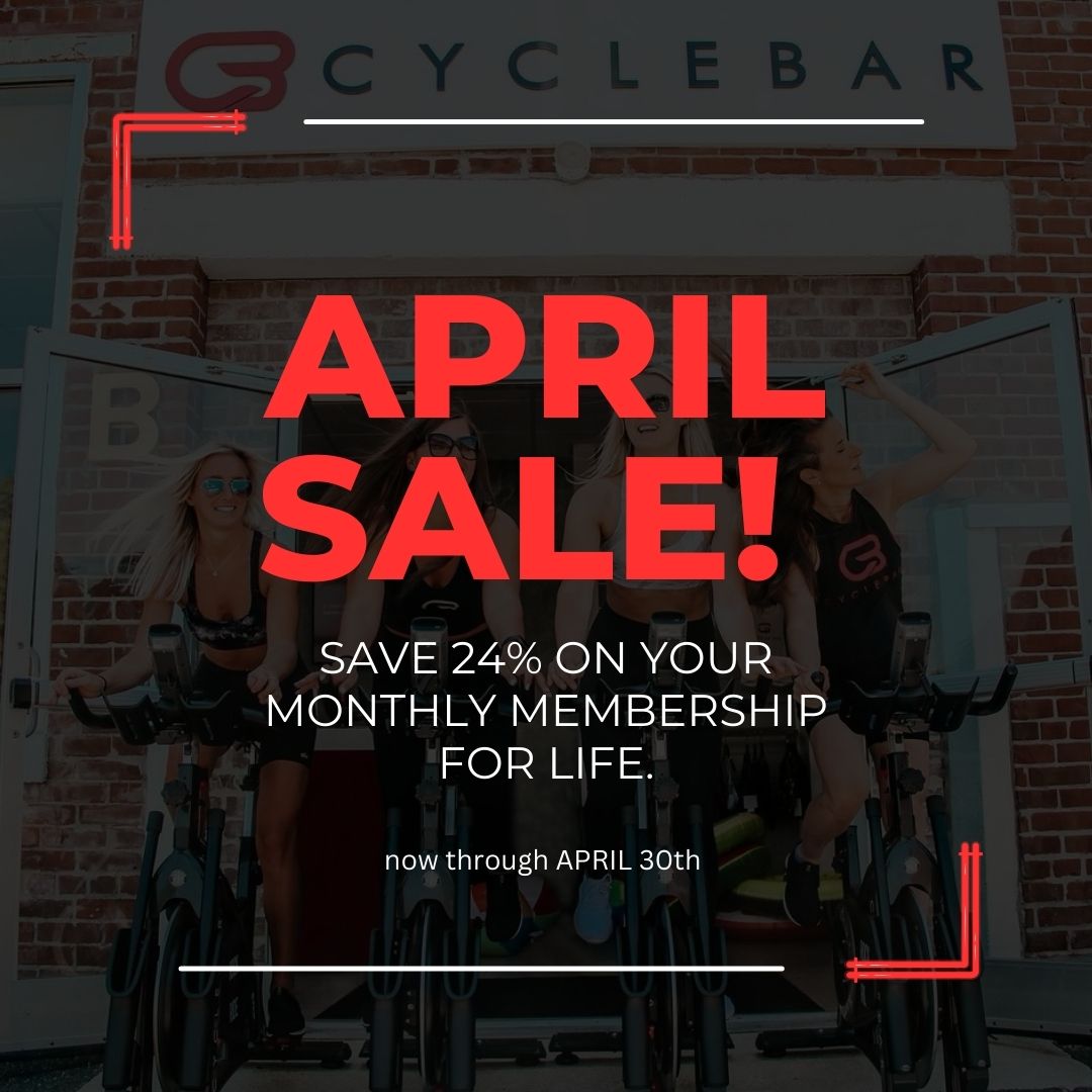 Cyclebar April sale ad. Save 24% on monthly membership for life. Women on bikes. Red and white graphic.