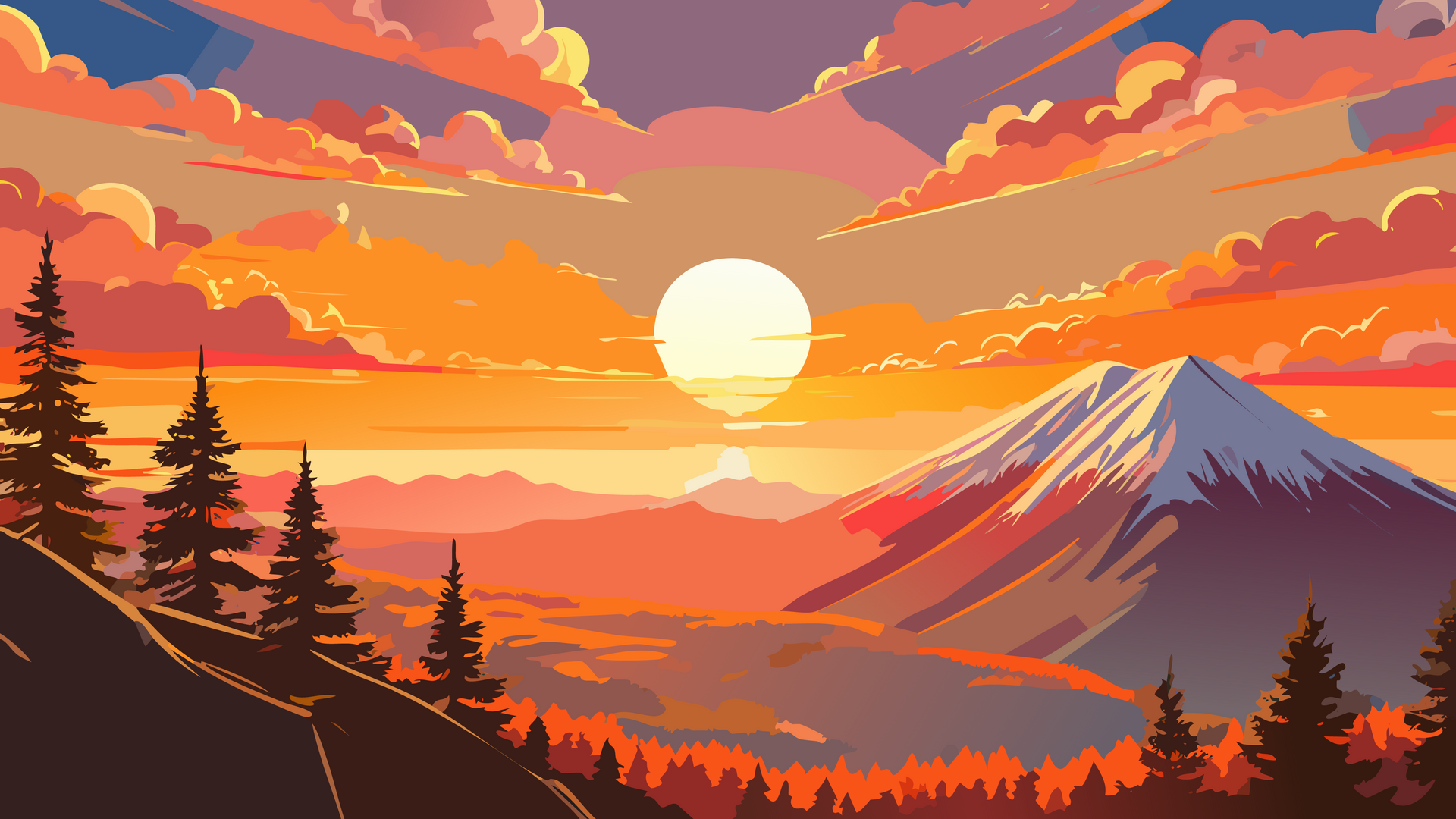 Pixelated sunset over mountains, with orange sky, trees, and snow-capped peak.