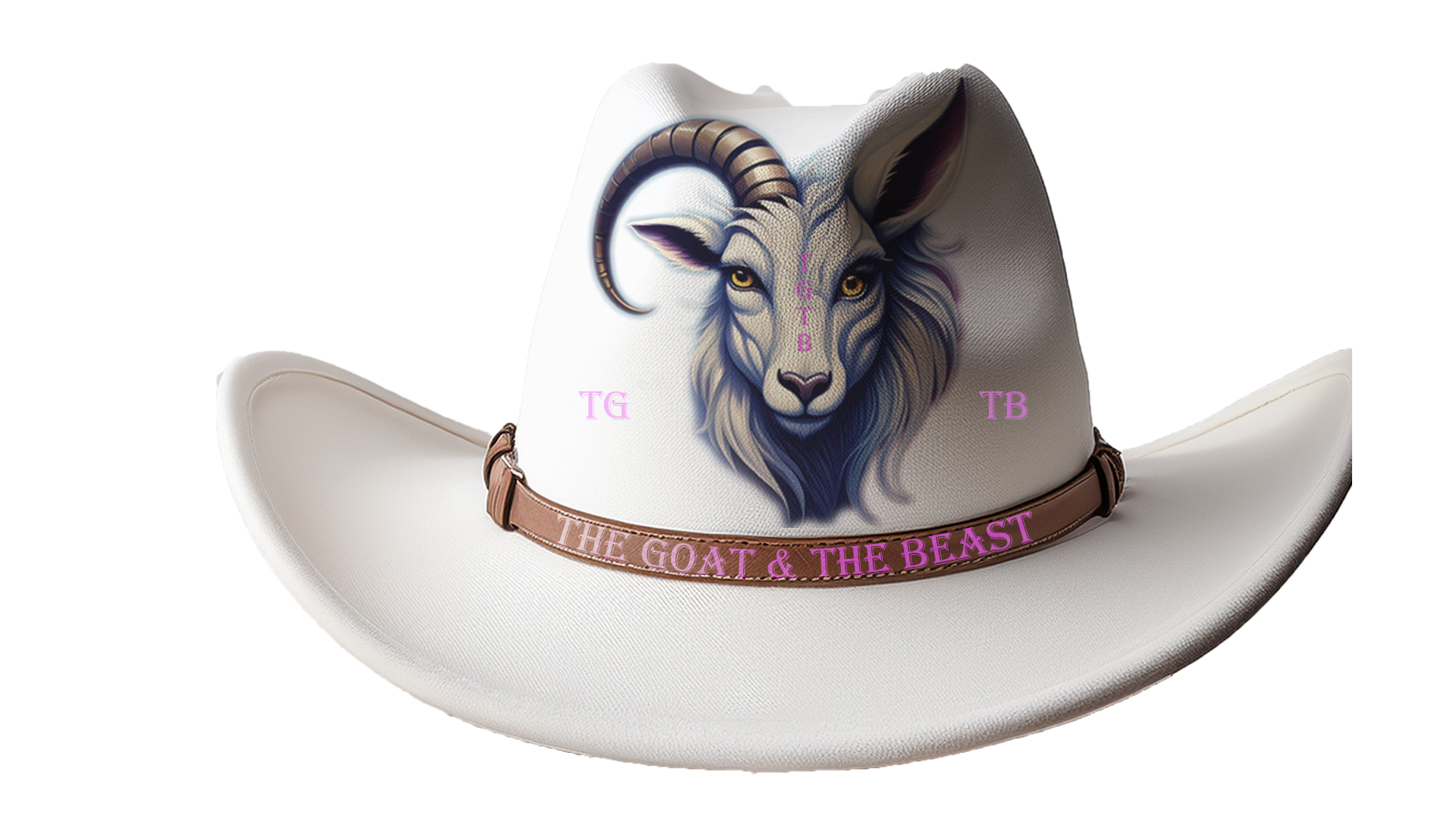White cowboy hat with goat head illustration and text