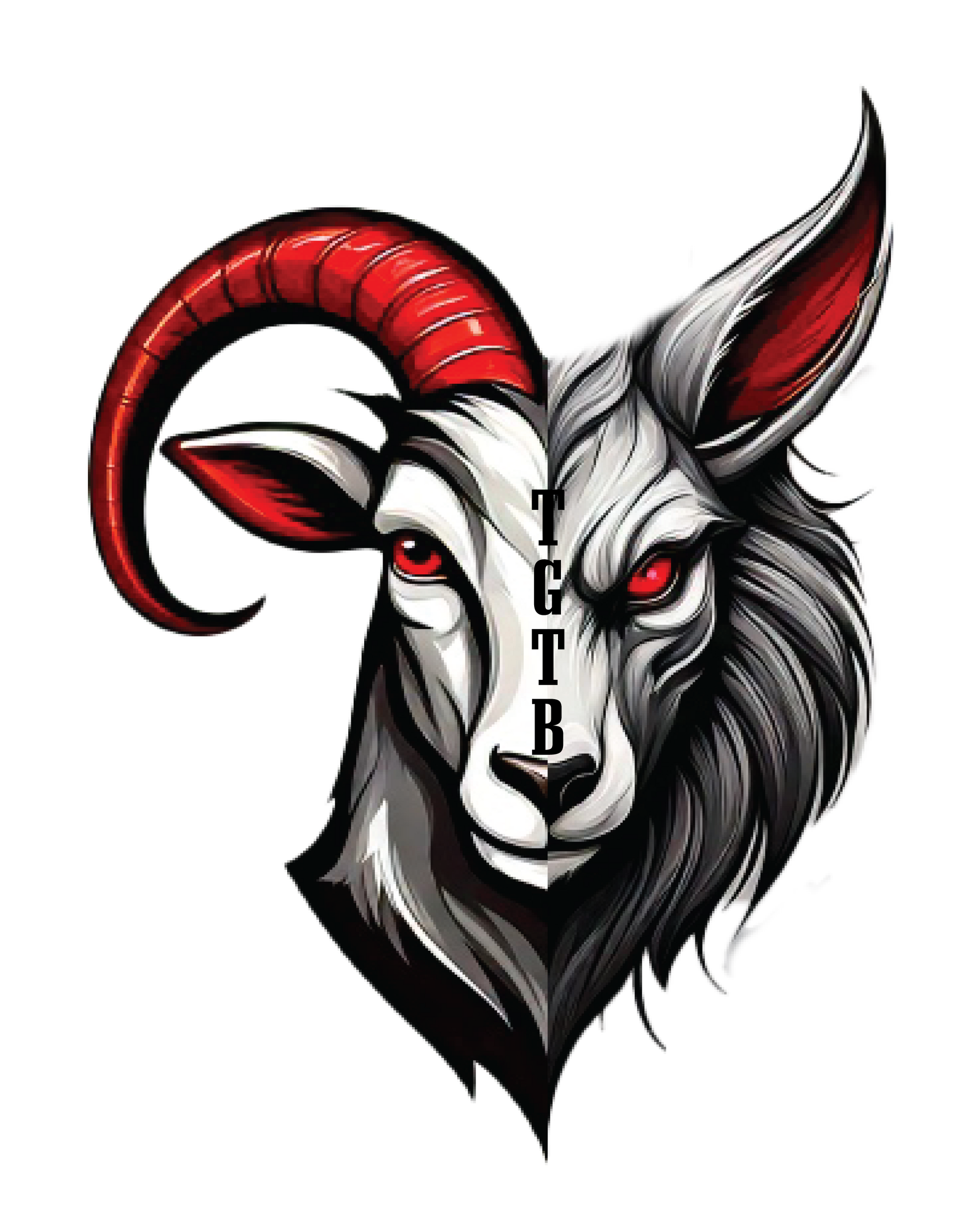 Half goat, half wolf face in white, gray, and red. “TGTB” down center.