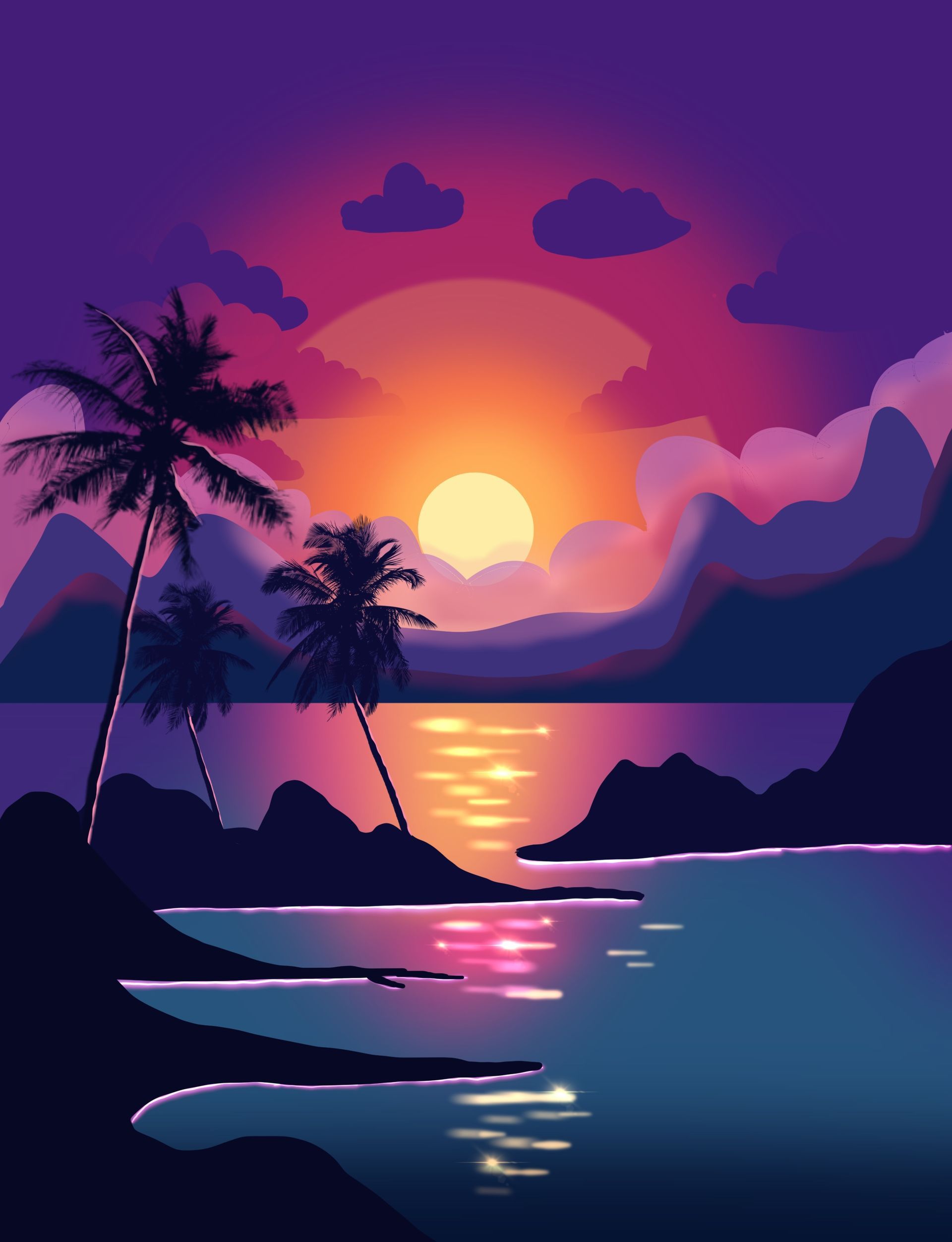 Sunset over a tropical coastline with palm trees, reflecting light on the water; orange, purple, and blue hues.