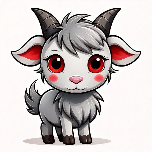 Cartoon goat with gray fur, red eyes and ears, and small horns.