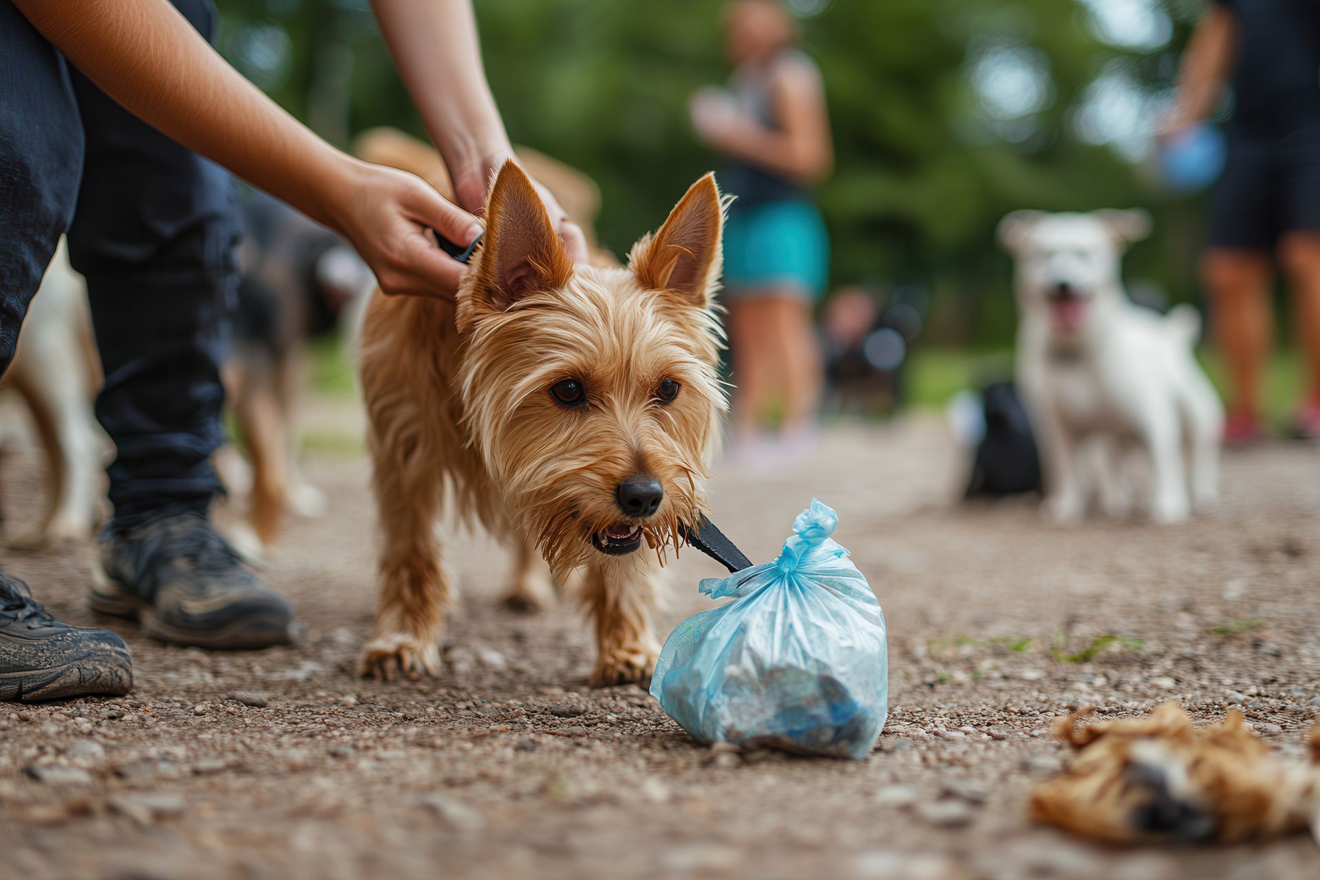 Dog holding a blue waste bag, with person petting it. Other dogs and people are in the background.