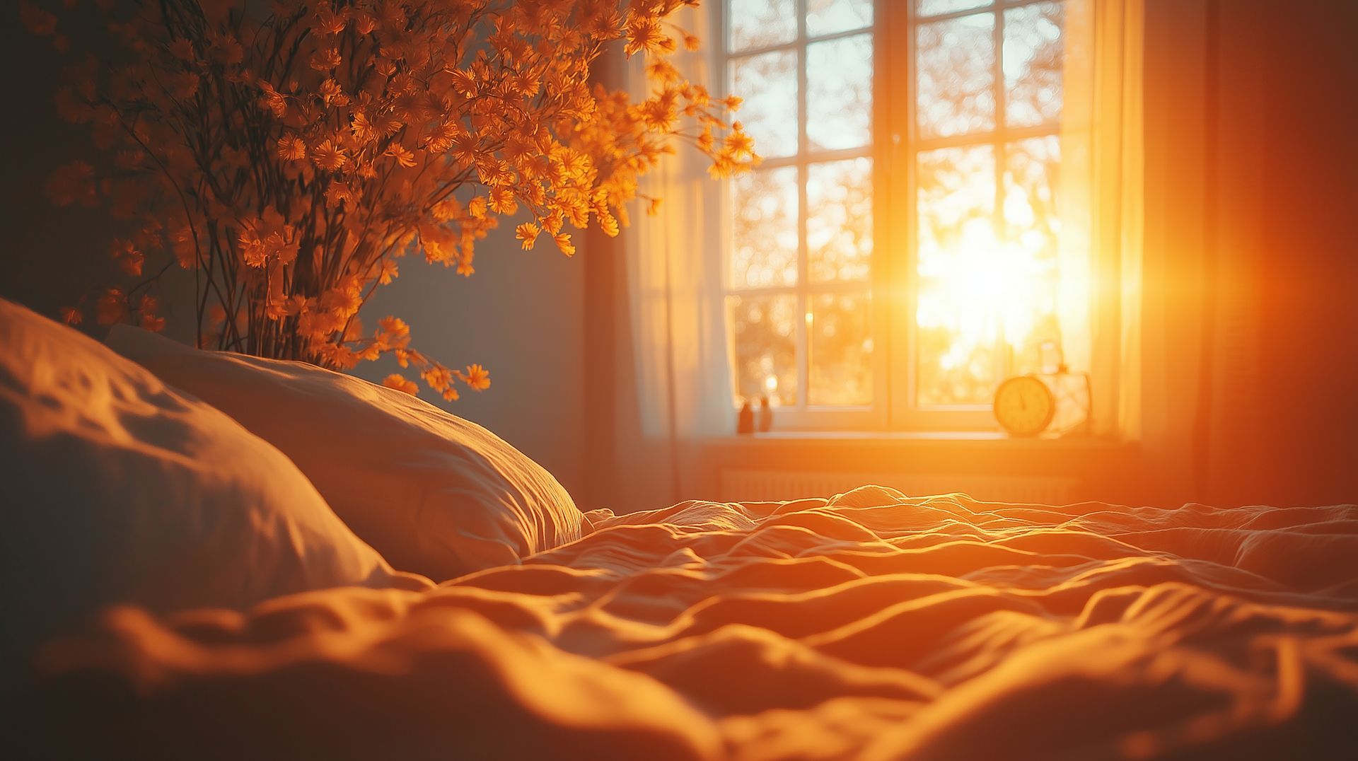 The break of dawn sun is shining through the window with an alarm clock on the window sill. Fall leaves are in the background.