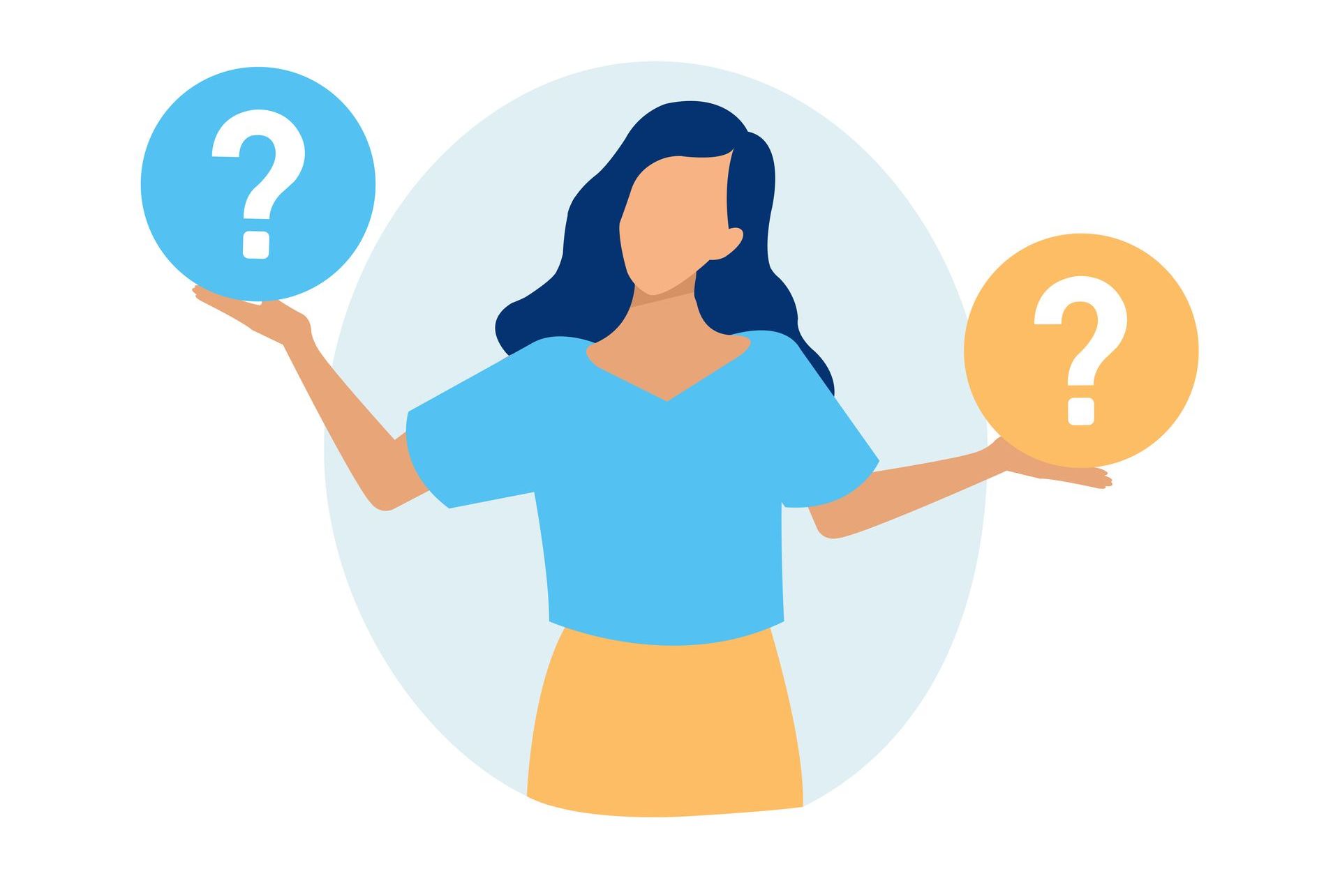 Graphic of woman with question marks illustrating the confusing choices in the world of eyebrow enhancements.