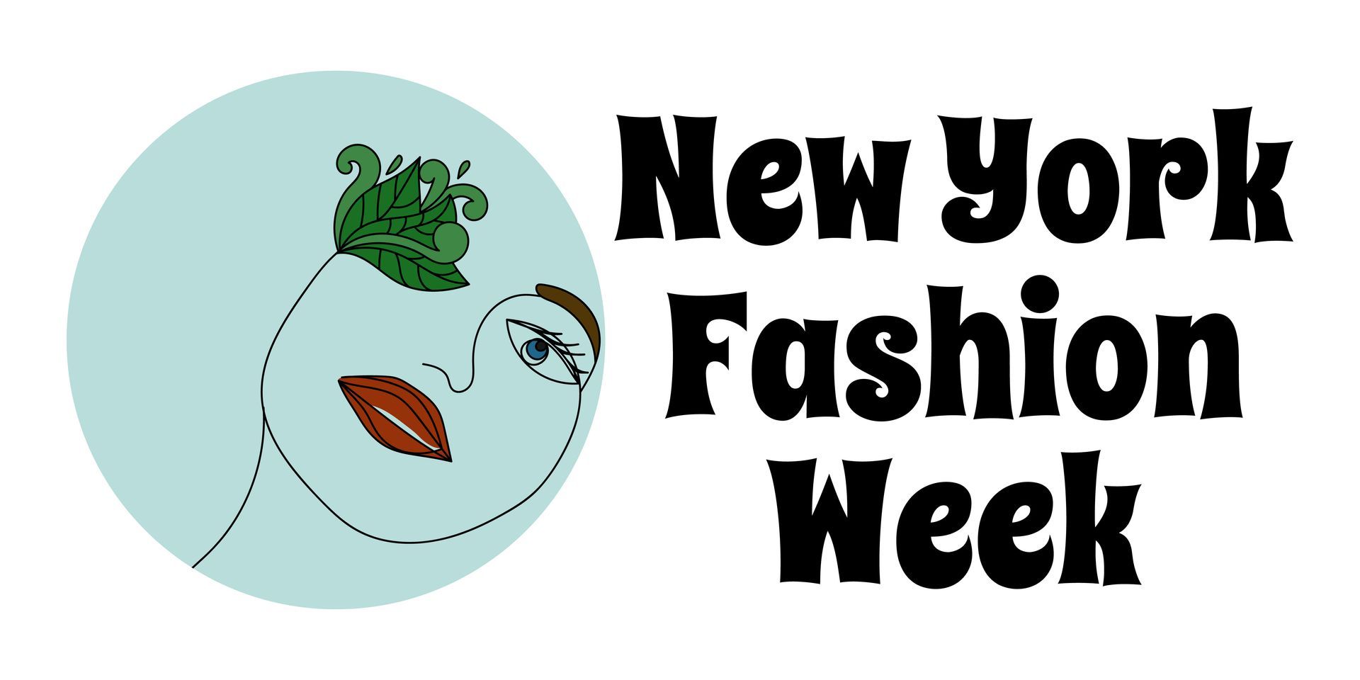 Logo for New York Fashion Week: Woman's face within a light blue circle, with text in bold black font.