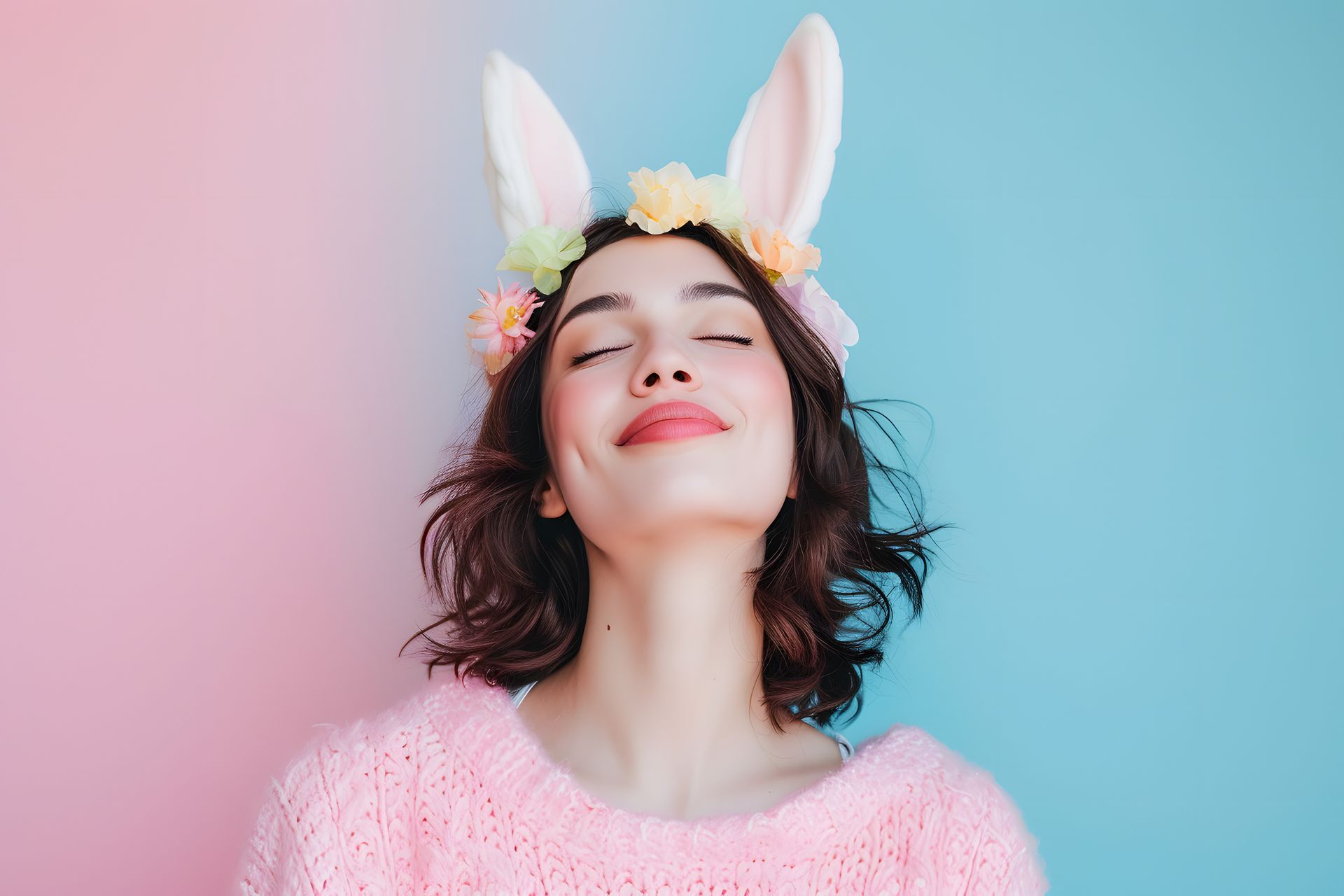 Beautiful Girl wearing bunny ears and natural makeup