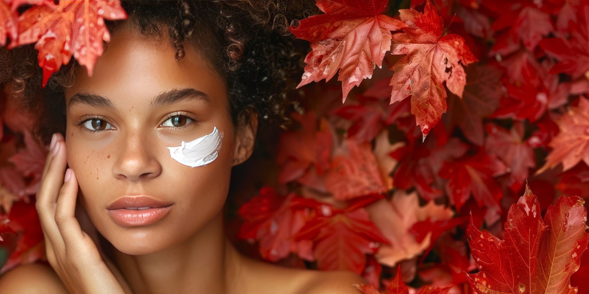 Woman with cream on her face surrounded by red autumn leaves.