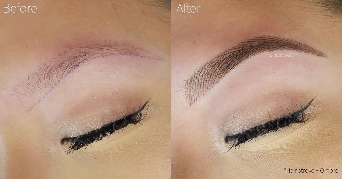 Before and after images of eyebrow microblading: sparse brows transform to filled-in, dark brown brows.