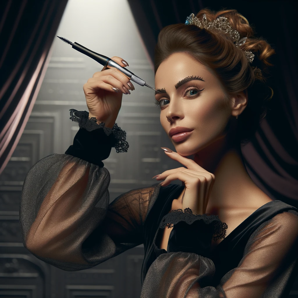 Woman with brow-grooming tool, posing indoors. She wears a dark dress, has upswept hair, and holds the tool above her eyebrow.