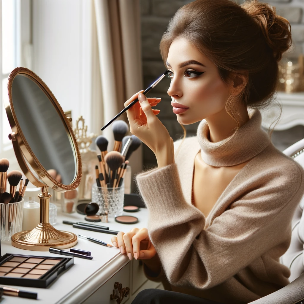 Woman applying eye makeup at a vanity. She wears a beige turtleneck. Makeup brushes and products on the table.
