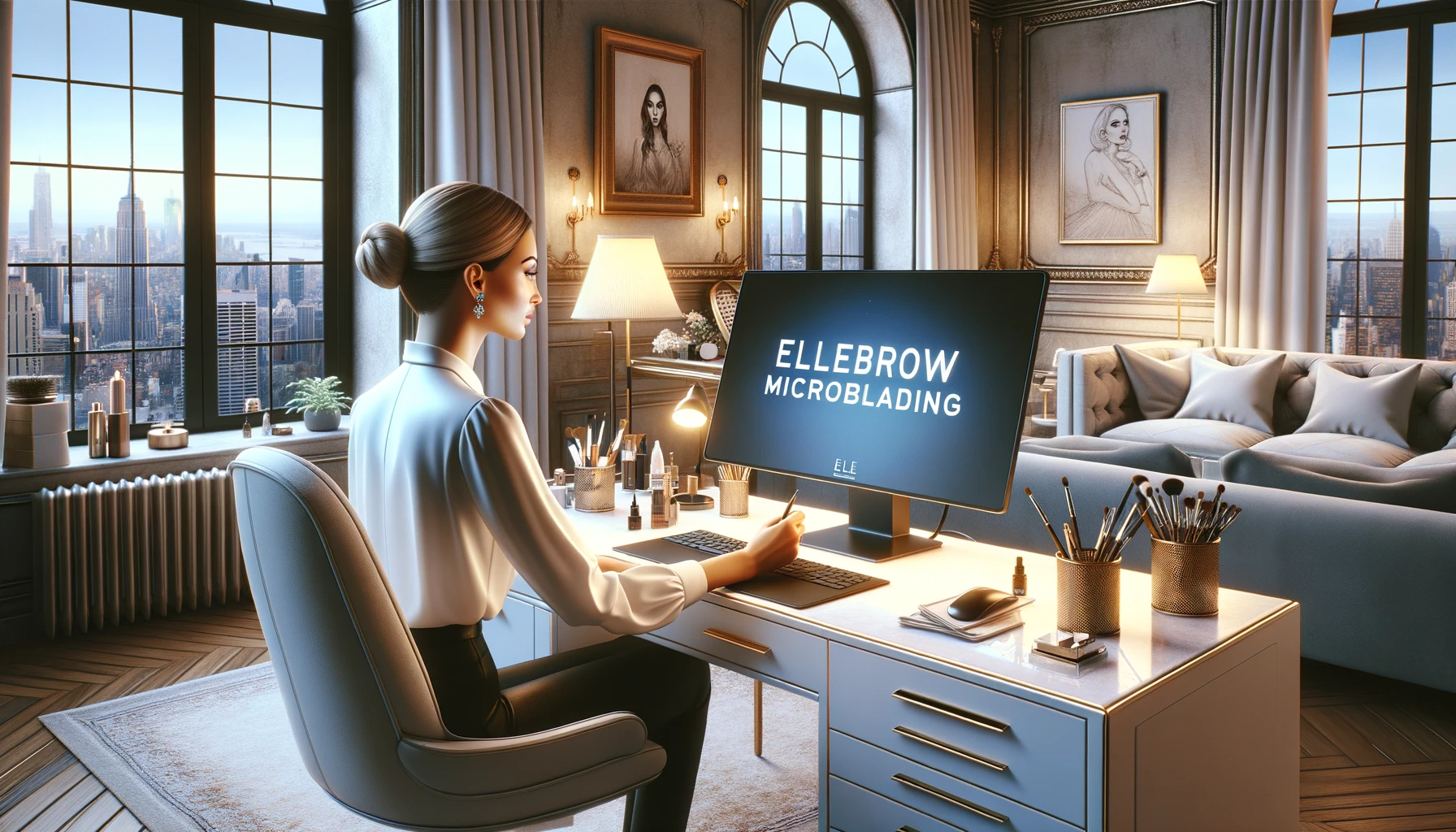 Woman at desk with computer, looking at screen. In a well-lit room with city view.