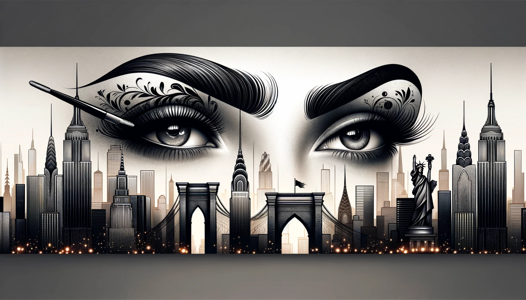 Eyebrows over a Manhattan city skyline in the background.