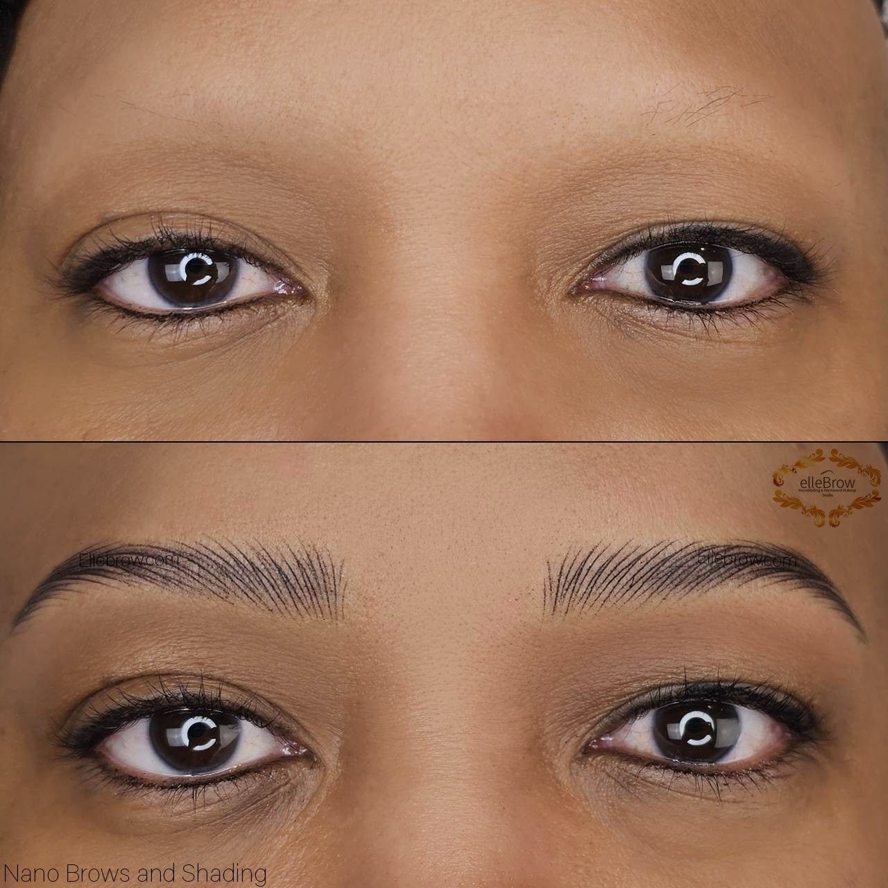 Top: Before, sparse eyebrows. Bottom: After, full, shaped eyebrows, on a person.