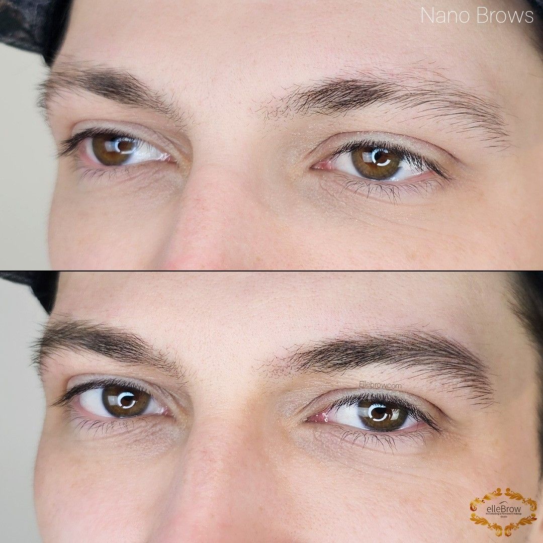 Comparison of a person's eyebrows before and after a Nano Brows. Brown eyes, fair skin. The before image shows sparse eyebrows.