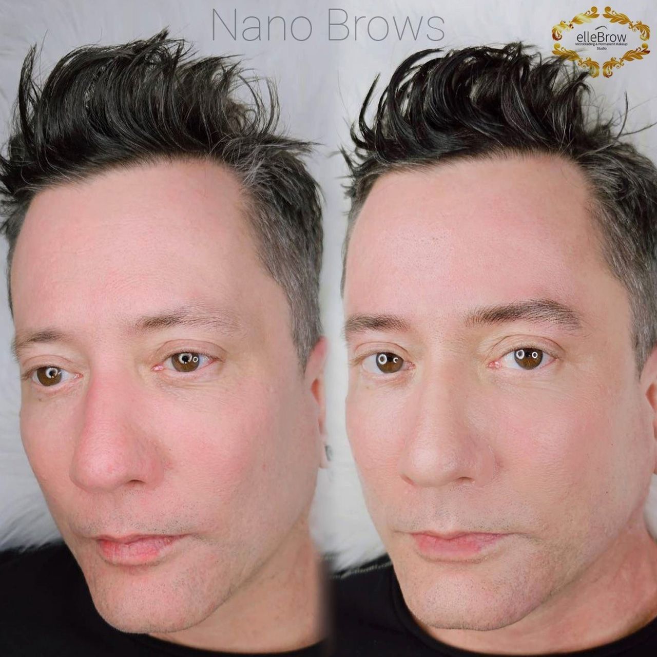 Before and after photo of a person's eyebrows. The after photo shows more defined eyebrows.