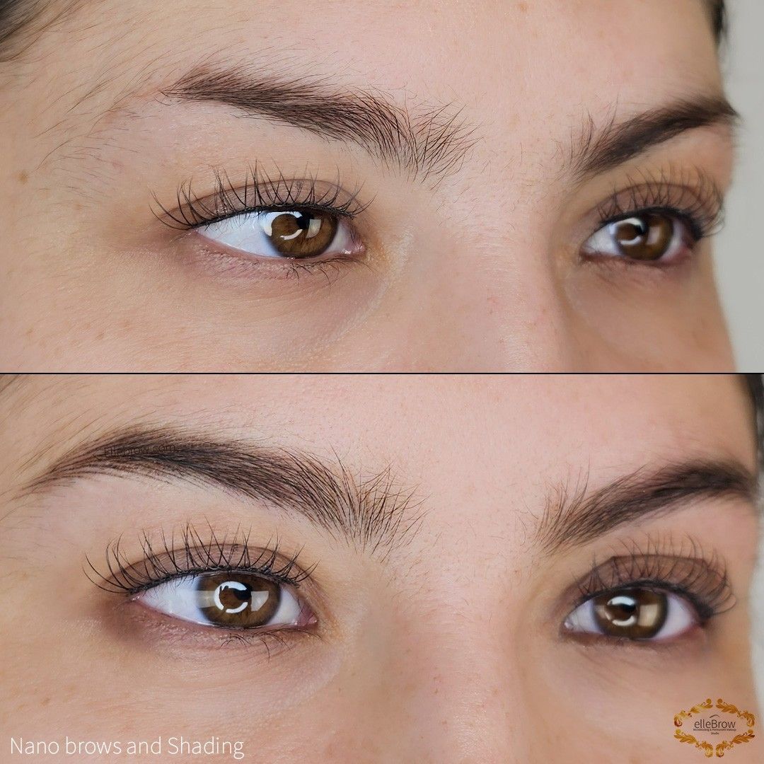 Comparison of eyebrow before and after microblading, brown eyes.