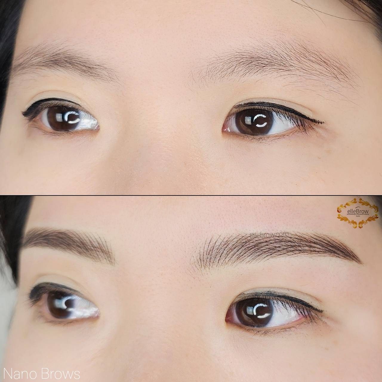 Before and after of eye makeup. Top: sparse brows, thin eyeliner. Bottom: filled brows, defined eyeliner.