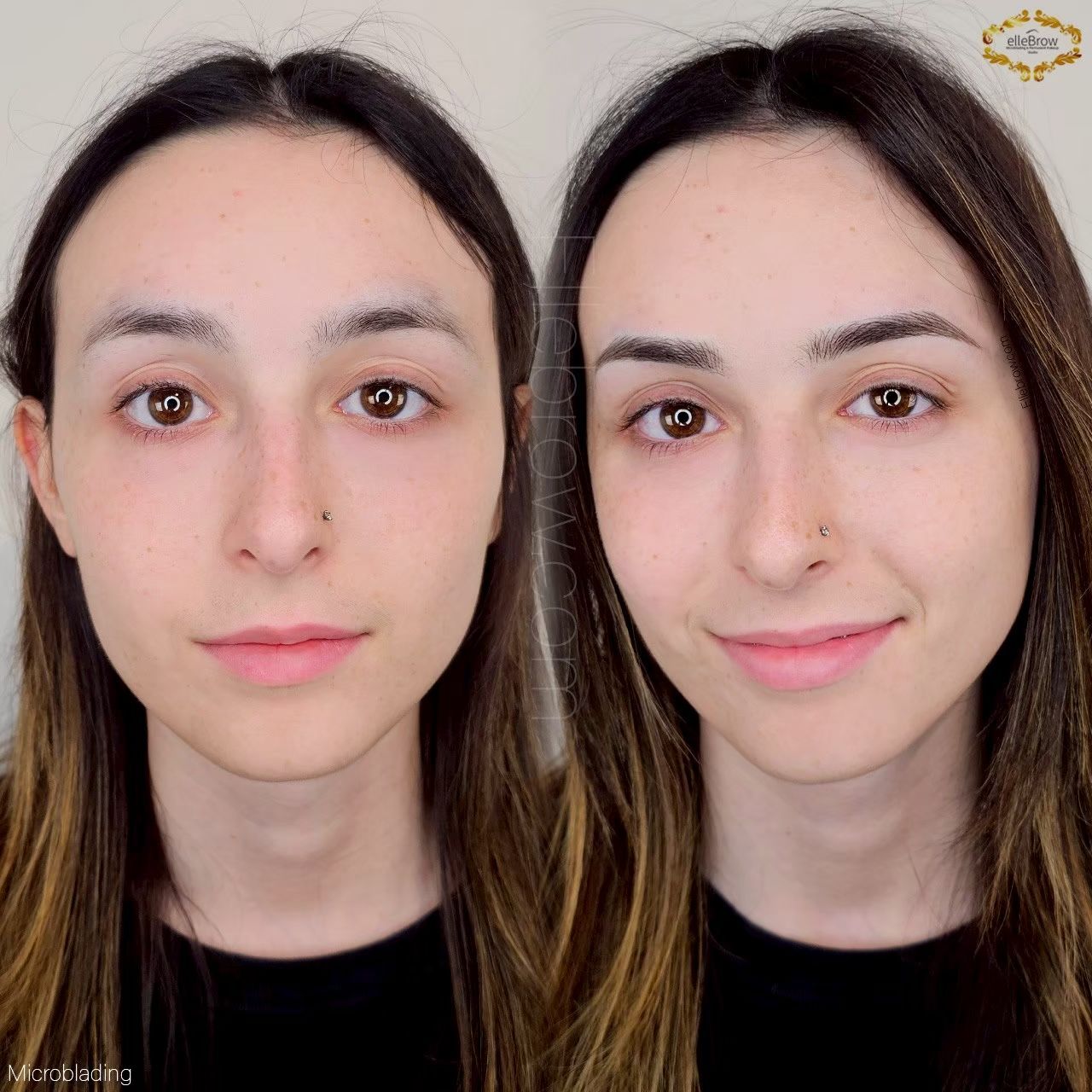 Before-and-after of a young woman with sparse brows, then with filled-in, darker nano brows.